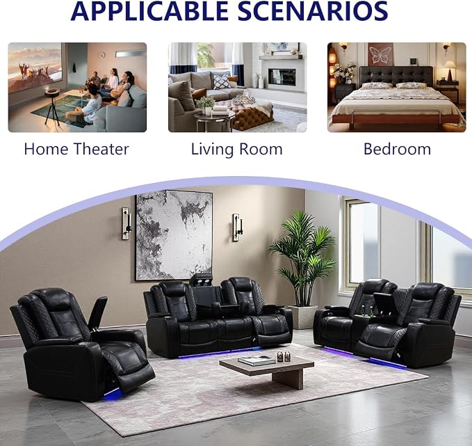 Leather Power Recliner Sofa Set, Living Room Furniture Sets, 2 Piece Reclining - Image 8