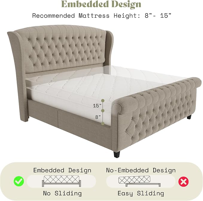 AMERLIFE California King Size Platform Bed Frame, Linen Upholstered Sleigh Bed - Image 7