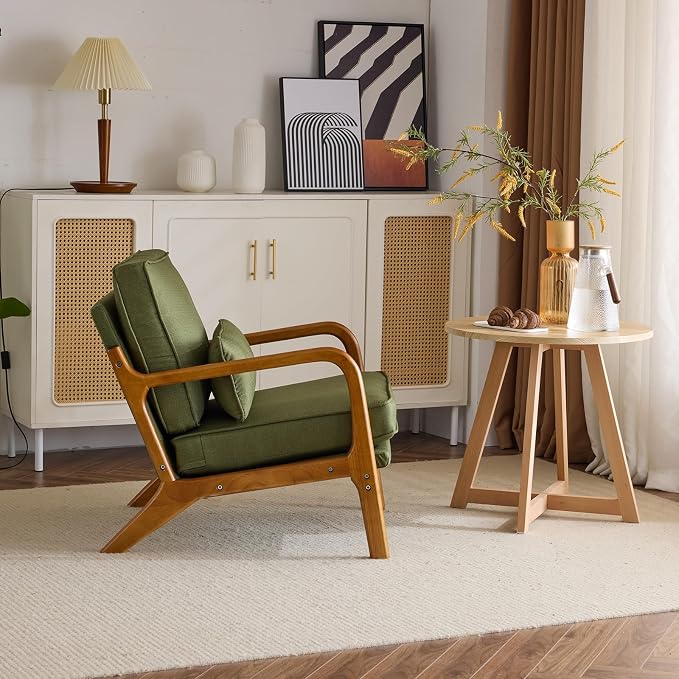 Bonnlo Dark Green Linen Accent Chairs Set of 2, Upholstered Mid Century Modern - Image 9