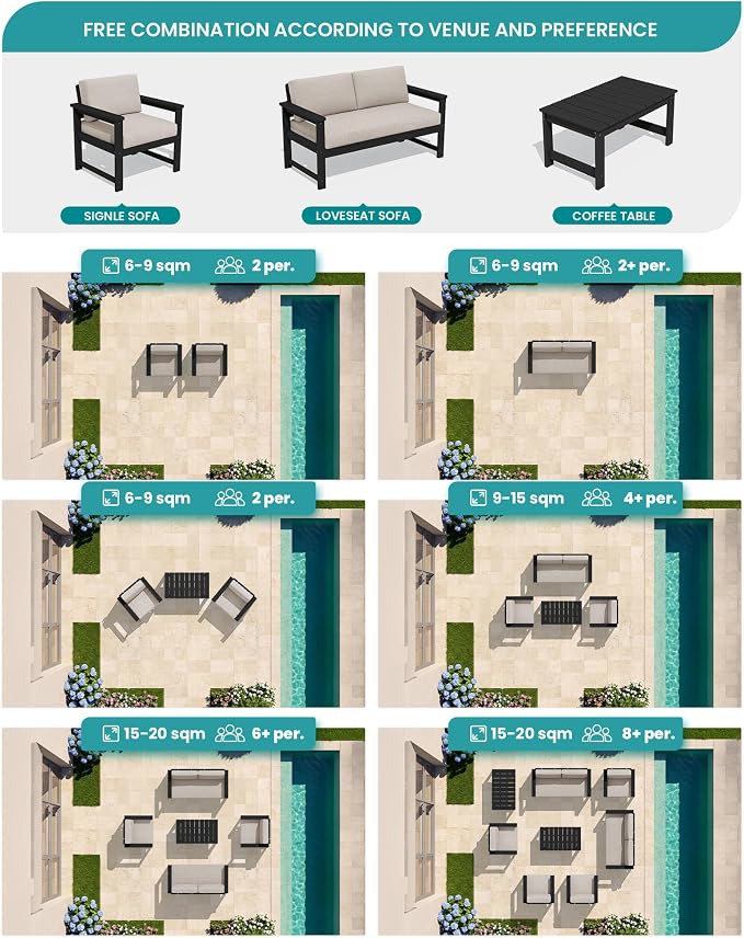 SERWALL 4-Piece Outdoor Patio Sofa Set, HDPE All-Weather Loveseat Sofa - Image 9