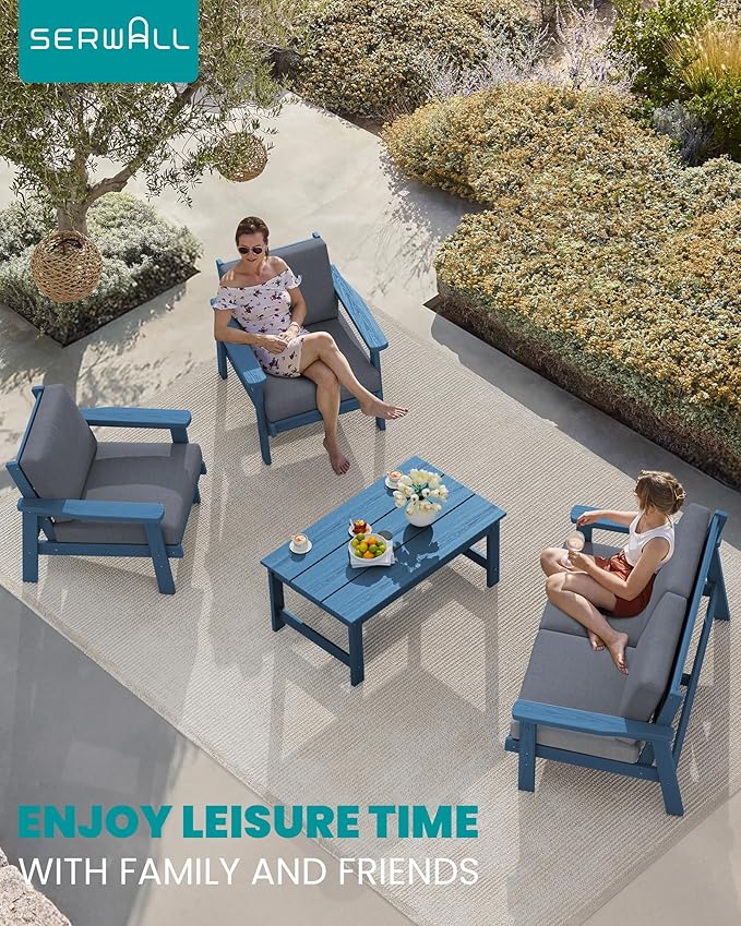 SERWALL 4 Piece HDPE Outdoor Furniture Set, All Weather Wood-Like Outdoor Sofa - Image 9