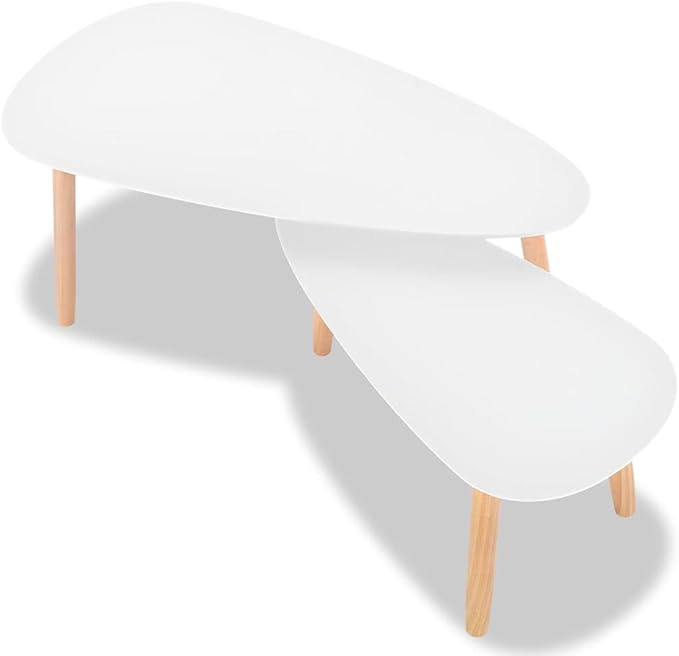 Scandinavian Oval Coffee Table Set of 2 White Solid Pine Wood Modern Minimalist - Image 5