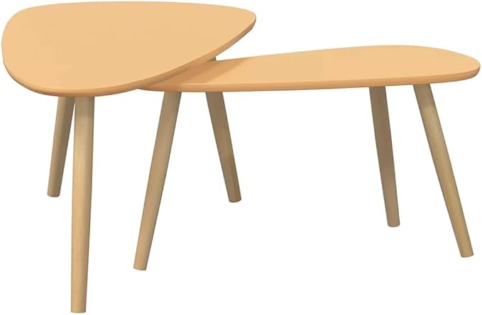 Brown Solid Pine Wood Coffee Table Set of 2, MDF Two-Piece Scandinavian Design - Image 6