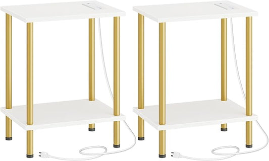 HOOBRO Side Table with Charging Station, Nightstand with 2-Layer Storage Shelves by HOOBRO