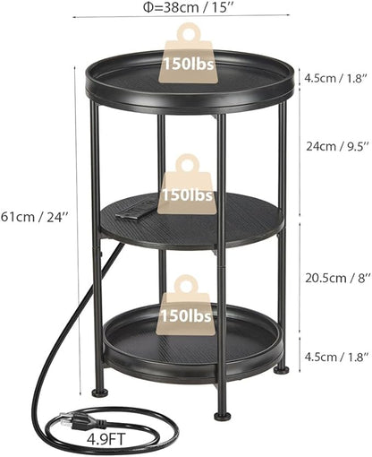 Dulcii Round Side Table with Charging Station, Bedroom Nightstand with Steel - Image 3