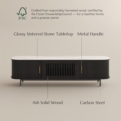 POVISON Fully-Assembled Sliding Tambour Door TV Stand, Mid Century Modern - Image 7