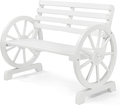 VINGLI Rustic Wooden Wheel Bench Outdoor Bench, Patio Bench Wagon Slatted Seat by VINGLI
