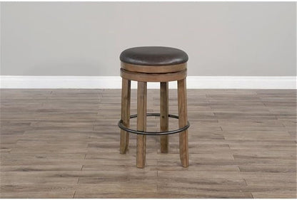 Pemberly Row Set of 3 Natural Brown Wood Bar Unit and 2 Backless Swivel Barstool - Image 5