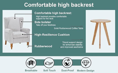 Vintage Style Wingback Chair and Coffee Table Set Solid Wood Frame Beige Fabric - Image 9
