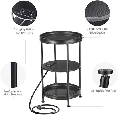 Dulcii Round Side Table with Charging Station, Bedroom Nightstand with Steel - Image 9