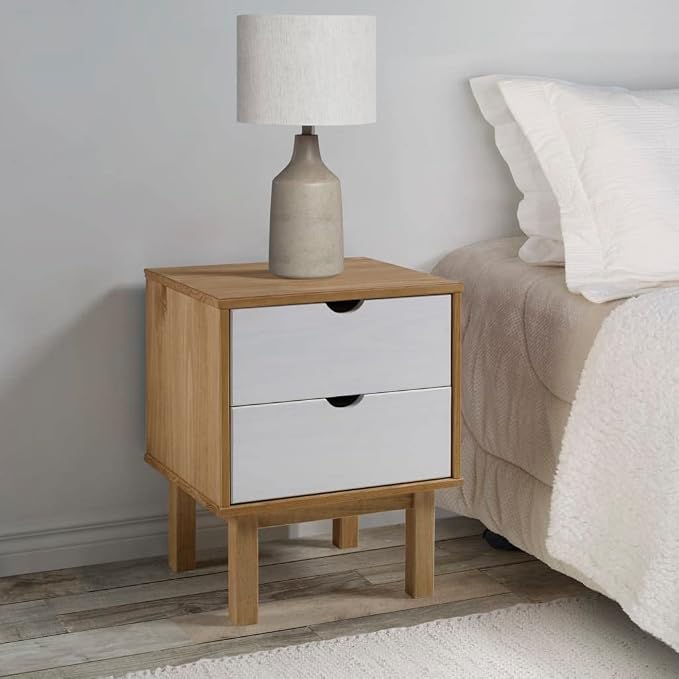 Scandinavian Style Bedside Cabinet in Brown and White, Solid Pine Wood and by Unknown