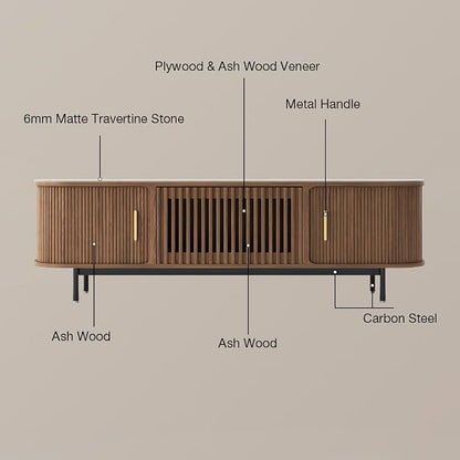 POVISON Fully-Assembled Sliding Tambour Door TV Stand, Mid Century Modern - Image 3