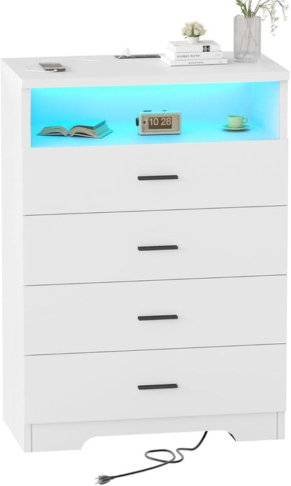 FJTJBSI Dresser with Power Outlets and LED Lights Wooden 4 Drawer Dresser with by FJTJBSI