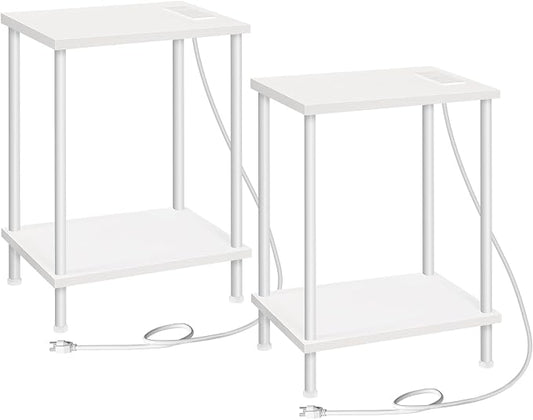 HOOBRO Side Table with Charging Station, Nightstand with 2-Layer Storage Shelves by HOOBRO
