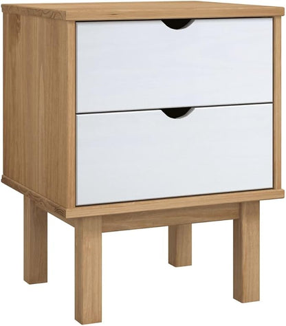 Scandinavian Style Bedside Cabinet in Brown and White, Solid Pine Wood and by Unknown