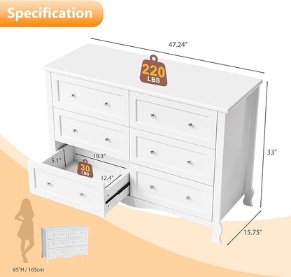 VINGLI White Dresser 6 Drawer, Wood Dresser Chest of Drawers, Clothes Dressers - Image 2