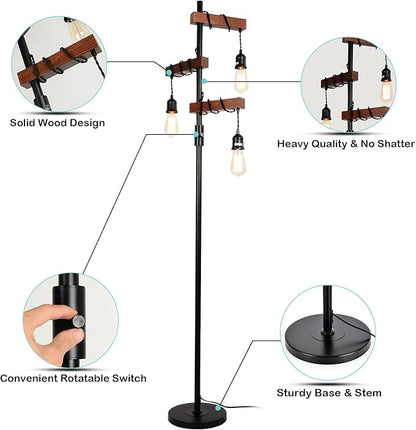 Industrial Floor Lamp, Farmhouse Tree 68 Inch 3 Lights Wood Standing Lamp - Image 4