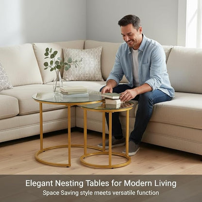 Round Nesting Coffee Table Set of 2, Modern Glass Nesting Tables, Stacking - Image 3