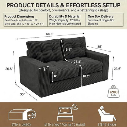 69" Corduroy Loveseat Sofa in a Box, High-Density Foam Couch, No Assembly - Image 2