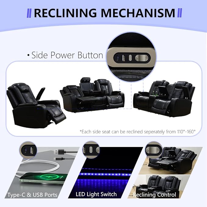 Power Recliner Sofa Set, Living Room Furniture Sets, Luxury 3 Piece Living Room - Image 4
