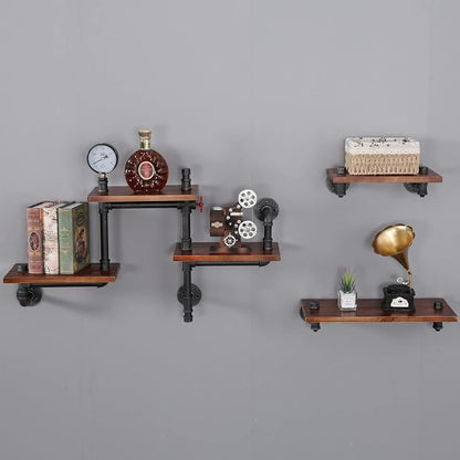 Industrial Floating Pipe Wall Shelves Rustic Wood Shelving, 5 Layer Pipe Design - Image 7