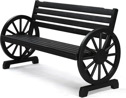 VINGLI Rustic Wooden Wheel Bench Outdoor Bench, Patio Bench Wagon Slatted Seat by VINGLI