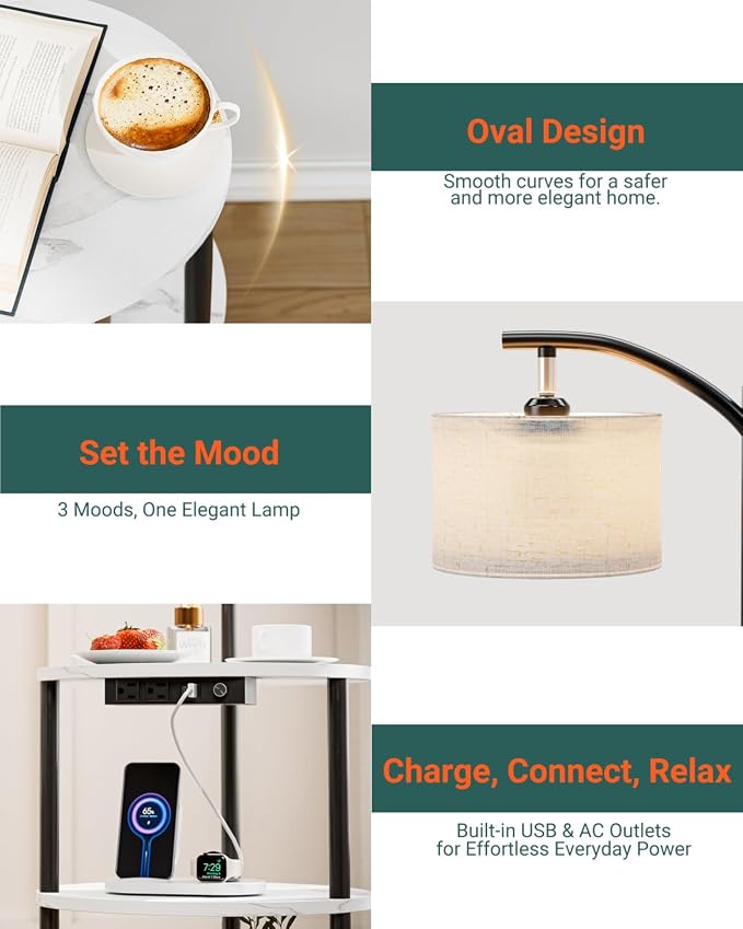 Round Side Table with Lamp and USB Ports, 3-Tier Small End Table - Image 5