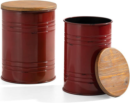 Glitzhome Rustic End Table Set of 2, Farmhouse Galvanized Metal Barrel Ottoman - Image 3