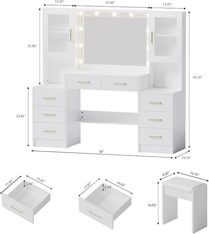 TOKSOM White Vanity Desk with Mirror, Lights & Charging Station, 2 Cabinets and - Image 4