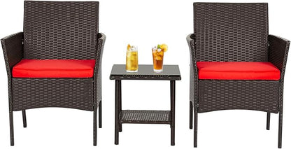 FDW | 3-Piece Patio Furniture Set | Brown & Red | Outdoor Wicker Furniture by FDW