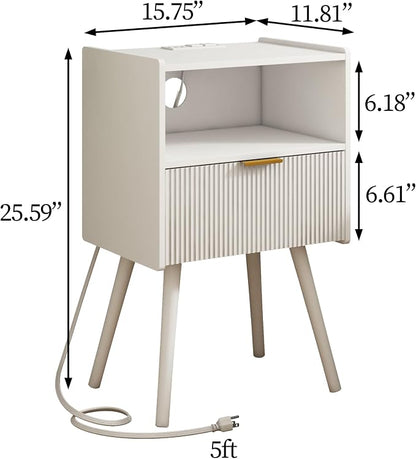 JOONEE White Nightstand with Outlet, Modern Bedside Table with Storage Drawer - Image 2