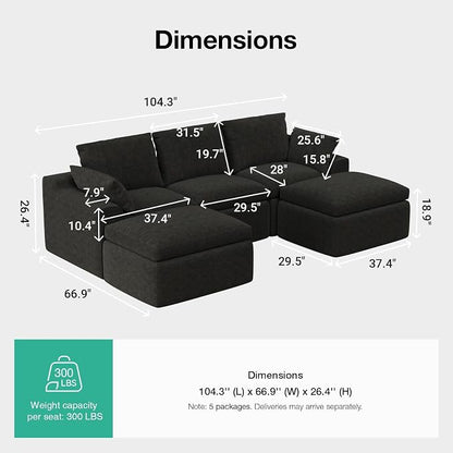 Novilla 104.3" Modular Cloud Couch, Modern Sectional Sofa - Image 2