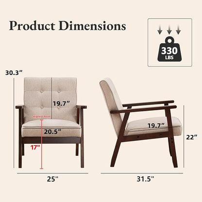 Bonzy Home Fabric Mid-Century Modern Accent Chair Set of 2, Upholstered Armchair - Image 2
