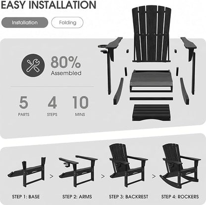 Adirondack Rocking Chair with Retractable Ottoman, Outdoor Folding Adirondack - Image 7
