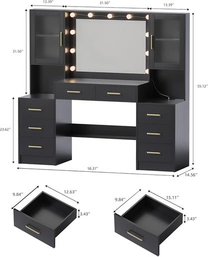TOKSOM Black Vanity Desk with Mirror, Lights & Charging Station, 58.3" 3 - Image 5