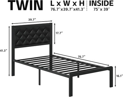 Fluest Twin Bed Frame with Headboard PU Leather Upholstered Bed Frame Platform - Image 2