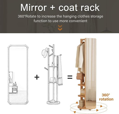 WoodsWhisper Full Length Mirror Coat Rack Solid Wood Floor Mirror 66"x12" Full - Image 3