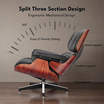 Top Black Grain Leather, Mid Century Chaise Lounge Chair and Ottoman, Modern - Image 8