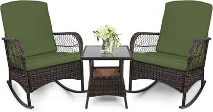 LEVELEVE 3 pcs Rocking Bistro Set Conversation Chairs PE Wicker Outdoor Rocking by Enjoyyourlife