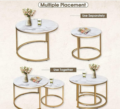 aboxoo Coffee Table Nesting White Set of 2 Side Set Golden Frame Circular Round - Image 7