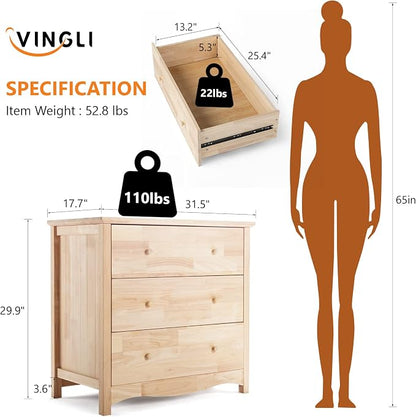 VINGLI Unfinished Solid Wood Dresser Color DIY, 3 Drawer Dresser, Natural - Image 2