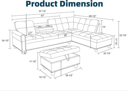 97.5" L Shaped Couch Set Linen, Modular Sectional Couches - Image 2