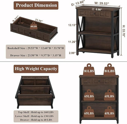 FATORRI Small Bookcase with Drawer, Industrial 3 Shelf Bookshelf, Wood and - Image 2