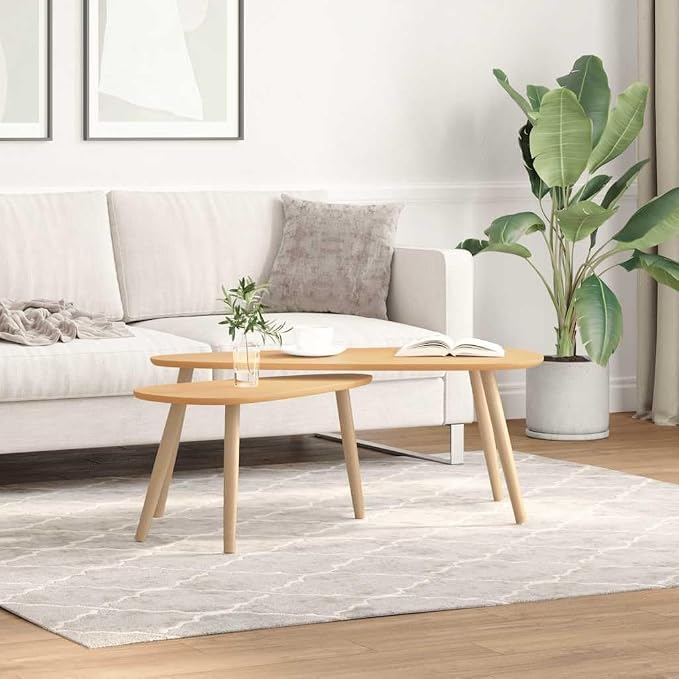 Brown Solid Pine Wood Coffee Table Set of 2, MDF Two-Piece Scandinavian Design by KTHLBRH