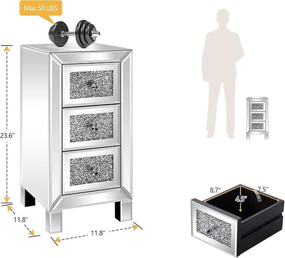 VINGLI 3-Drawer Mirrored Nightstand Bedside Table Modern Night Stands Set of 2 - Image 2
