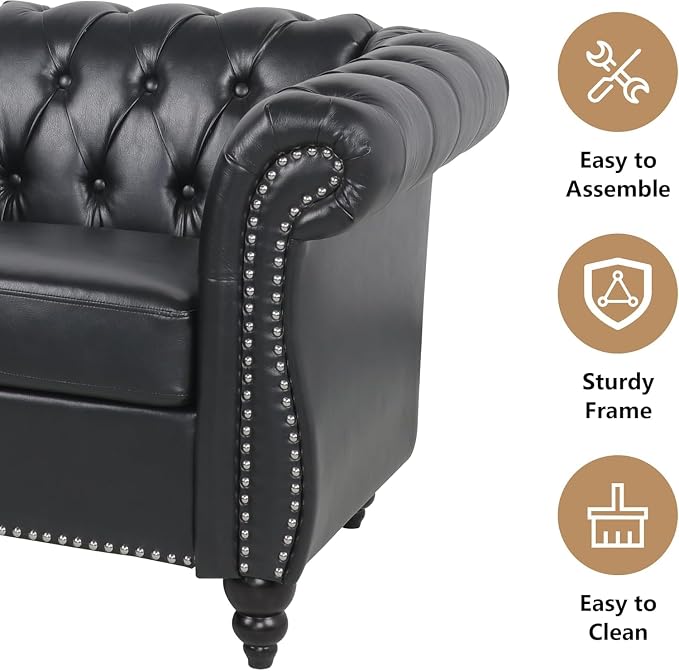 Mid-Century 3 Seater Sofa, Faux Leather Couch - Image 4