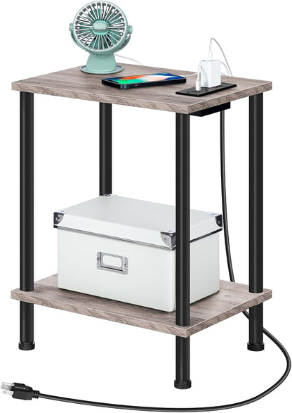 HOOBRO Side Table with Charging Station, Nightstand with 2-Layer Storage Shelves - Image 6