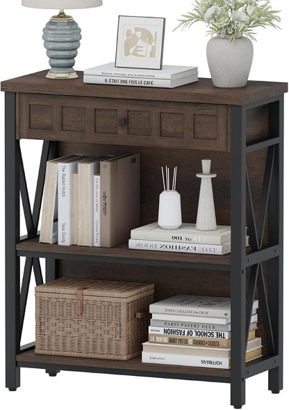 FATORRI Small Bookcase with Drawer, Industrial 3 Shelf Bookshelf, Wood and - Image 8