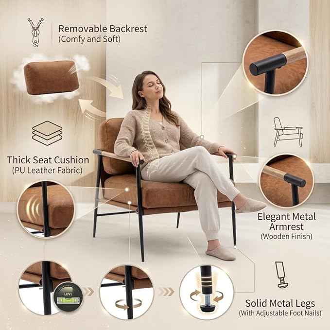 Ya-Home Mid-Century Accent Chair Set of 2, Soft Armchair PU Leather Lounge Chair - Image 5