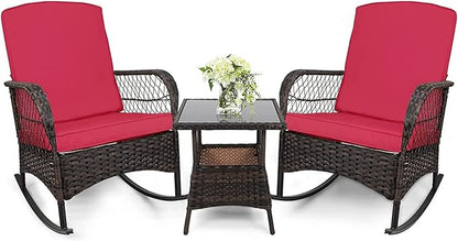 LEVELEVE 3 pcs Rocking Bistro Set Conversation Chairs PE Wicker Outdoor Rocking by Enjoyyourlife